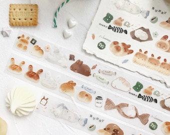 Bunny Loaf Washi Tape, Rabbit, Bread Clear Tape Roll, Kawaii Stationary, Animal Dessert, Artist Illustration Tape, Creative Journal Supply