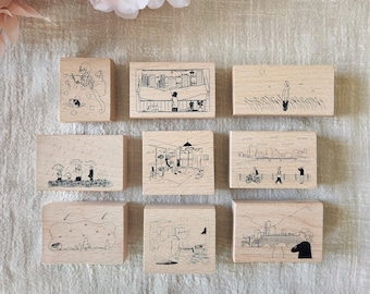 Small Moments Rubber Stamps, Daily Life, Rainy Day, Cityscape, Sunset Wood Mounted Stamp for Crafting and Journaling, Snail Mail