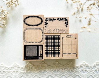 Retro frames stempels, oude televisie, lijst, geruite stof patroonstempel voor dagboek, plakboek en kaarten maken