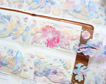 Crystal Betta Fish PET Clear Tape, Extra Wide Holographic Masking Tape, Decorative Collage Tape for Planner, Journal, Traveler's Notebook