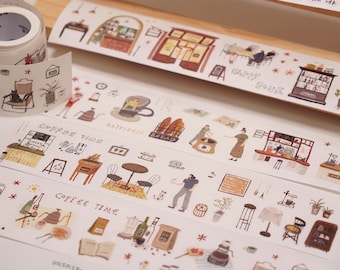 Wanle Studio Coffee Time Washi Tape, Kiss-Cut Sticker Masking Tape, Cafe Shop, Bakery, Slow Life, Daily Life Planner Sticker, Journal Supply
