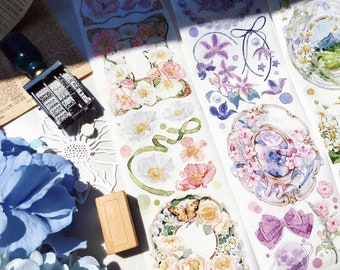 花の世界 透明和紙テープ、アーティストによる水彩画の花のエクストラワイド装飾テープ、花のフレームマスキングテープ、植物