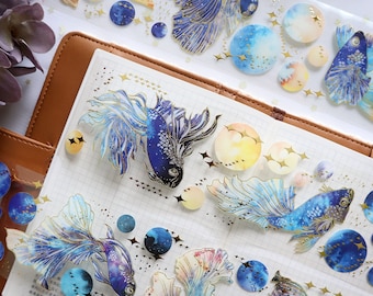 Galactic Betta Fisch PET Clear Tape, Extra Breites Gold und Holografisches Emboss Masking Tape, Dekoratives Tape für Collage, Planer, Journal