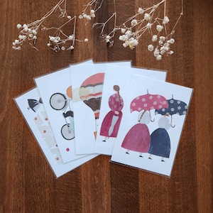 Krawatte Postkarten, Cozyca illustrierte Goldfolienprägung Postkarte, Heißluftballon, Regenschirm Mädchen, Alltag, Grußkarte