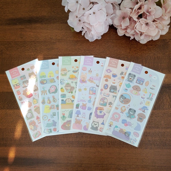 CRUX Yururu Day Sticker Sheet, Cute Animals Daily Life Planner Sticker, Reading, Laundry Day, Grocery Shop, Budgie Sticker