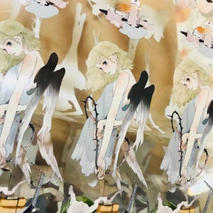 May include: Three illustrations of a blonde woman with black wings holding a thorny branch. Each illustration is surrounded by a light brown background with a white skeletal figure and a lute.