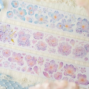 Cinta adhesiva de peonía pastel, el universo del final Floral Washi y cinta PET, cinta PET de flores de acuarela, pegatina botánica para diario, planificador