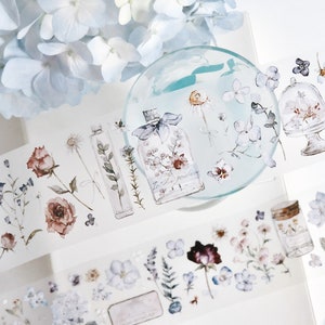 Cinta adhesiva de flores de primavera de té de pecas - ROLLO COMPLETO, Washi de ilustración y cinta transparente, flor seca, planificador y pegatina de diario
