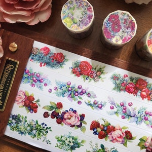Watercolor Flower Illustration Washi Tape, Rainbow Floral Masking Tape, Rose, Daisy, Camellia, Plants Deco Tape