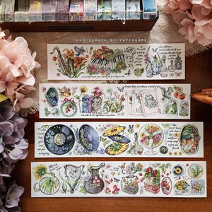 Bloem en Muziek Washi en PET Tape, LP Record Masking Tape, Vintage Objecten, Zonnebloem Sticker Tape voor Planner, Journal