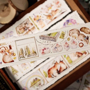 Forest Creatures Illustratie Tape, Fox Washi Tape, Reco Origineel Ontwerp Masking Tape, PET Clear Tape, Eekhoorn, Herten
