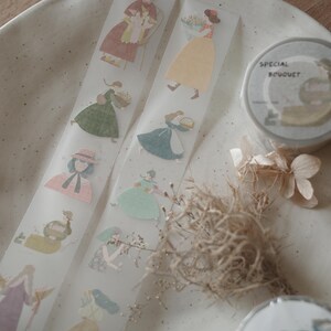 Special Bouquet Masking Tape, Hanen x Terufuku Girls Illustration Washi and PET Tape, Flower Girl Decorative Tape for Planner and Journal