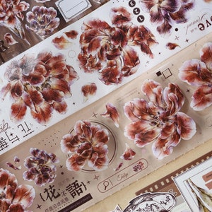 チューリップマスキングテープ、赤いチューリップの花の和紙とPETテープ、花、花のイラストのマスキングテープ、日記やプランナー用のステッカーテープ