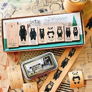 Bear Family Stamp Set, unieke cadeaus voor ambachtslieden, vintage beerpostzegels, ijsbeer, panda, zonnebeer, zwarte beer, dierenstempel