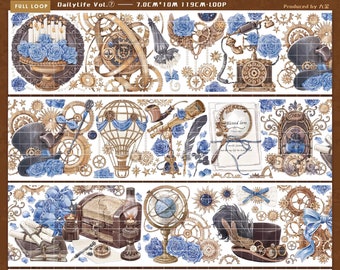 Tape Sample, Steampunk Gear Washi and PET Tape Sample, Extra Wide Fantasy Themed Collage Masking Tape, Illustration Sticker Tape