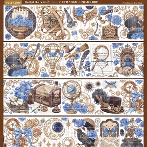 Muestra de cinta, muestra de cinta Steampunk Gear Washi y PET, cinta de enmascaramiento de collage con temática de fantasía extra ancha, cinta adhesiva de ilustración