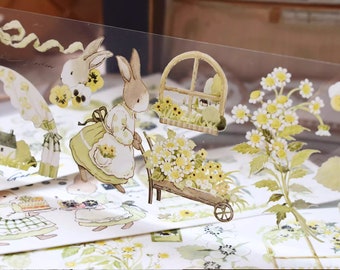 Wildberry Lab-afplaktape, In The Fields Washi- en PET-tape, Bunny Garden, pastelbloem, konijn stickertape voor dagboek en planner