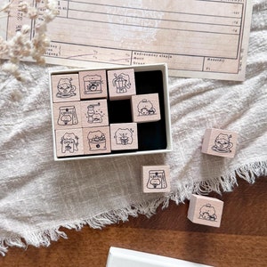 Juego de 9 sellos de Kitty Cafe, sello montado en madera con temática de Cat Cafe, moca, máquina de café, sello de grano de café para diario y álbum de recortes