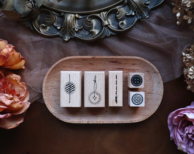 Set of 5 Buttons and String Rubber Stamps, Sewing Ligneous Stamp ...
