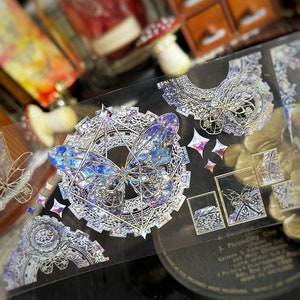 Neverland Original Illustration Clear Tape, Gems Set Washi Tape, Crystal Blue Butterfly, Steampunk, Holographic Masking Tape für Journal