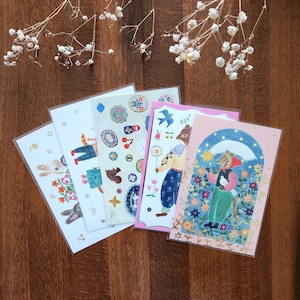 Aiko Fukawa ansichtkaarten, bosdieren, kat, konijntje, Cozyca geïllustreerde goudfolie reliëf postkaart, bloemenveld, koekjes wenskaart