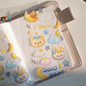 Moon Bear Clear Sticker Sheet, Orange Studio Original Design Kiss-Cut Sticker Sheet, Bunny, Rabbit Kawaii Planner and Journal Sticker