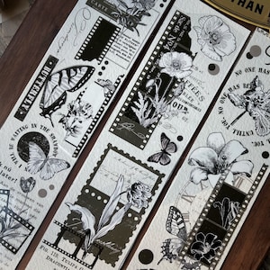 花の印象マスキングテープ、モノクロ花柄和紙＆PETテープ、花柄コラージュテープ、蝶のフィルムストリップステッカーテープ