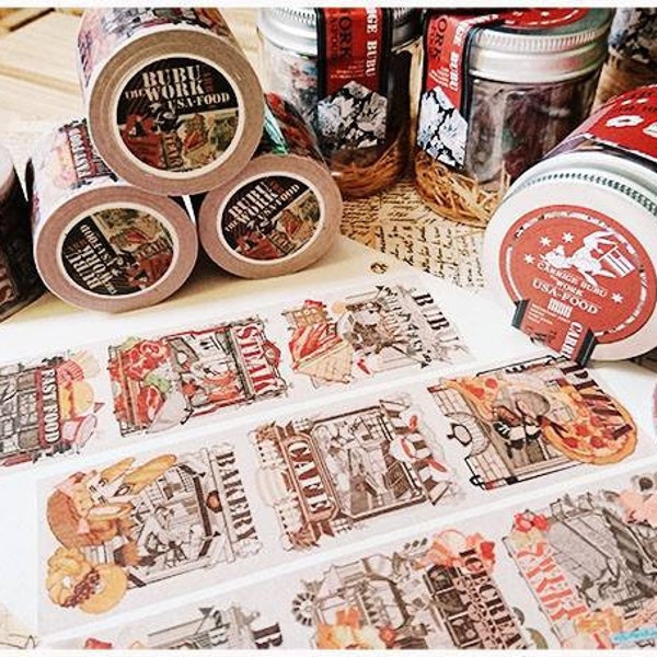 Tachibanakai USA Food Washi Tape Roll, Carriage Bubu Washi Roll, Fast Food, Hamburger, Pizza, Cafe, Bakery, Vintage Washi Tape