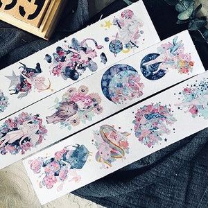 Horoscope Girls Washi Tape, Signes du zodiaque, Illustration originale de fille Washi Roll, Fleur, Ruban de masquage floral pour journal d’art et planificateur