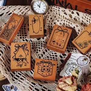 Little Cottage Hang Tags Series Rubber Stamp, Renard, Nature, Timbre en bois à thème de fleur, Vache, Étiquette de chat Pour journal et planificateur