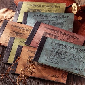 Blocco di carta della biglietteria medievale, replica dei biglietti d'epoca, etichetta retrò colorata, ephemera di carta mastro per il giornale spazzatura