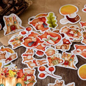 Forest Diary Sticker Set, Forest Animals Stickers Box Set, Champignon House, Renard, Raton laveur, Lapin, Citrouille, Nature, Journal créatif Stickers