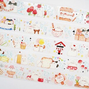 Kitty Calendar Clear and Washi Tape, Kawaii Animals Stationary, Tuan Tuan Date, Cat, Dog Penguin Themed Masking Tape for creative journal