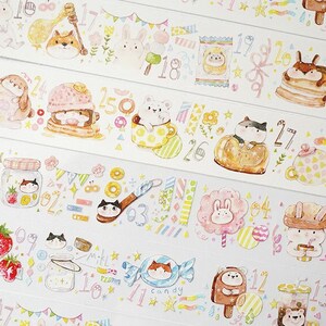 Sweetie Calendar Clear and Washi Tape, Kawaii Animals Stationery, Cake, Pancake, Bubble Tea, Dessert Themed Masking Tape for Art Journal