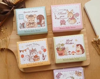 Little Animals Box Set, Micia x Illustrator Rubber Stamps, Cat, Food Tracker, Bunny, Hedgehog Rubber Stamp for Planner, Journal, Card Making