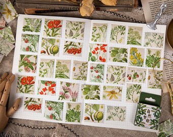 Botanical Illustration Stamps Sticker Set, Flower, Plant Sticker, Vintage Botanical Illustration Planner Stickers