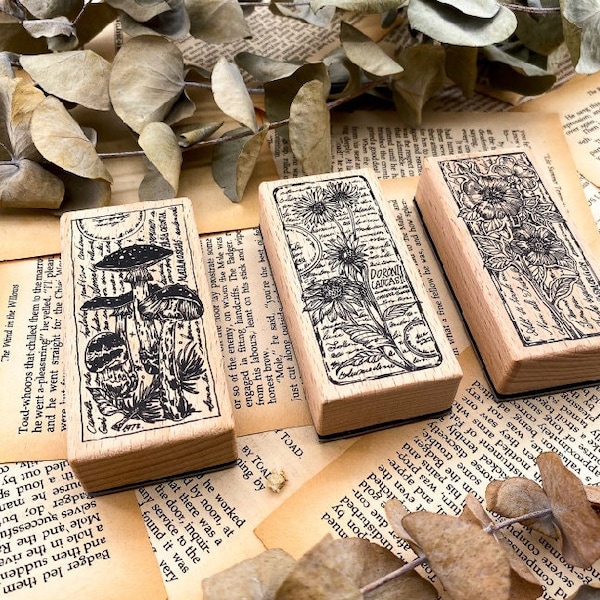 Botany Collection Rubber Stamp Set 1, Large Wooden Stamp, Sunflower, Anemone, Flower and Mushroom Stamp for Crafting and Journaling