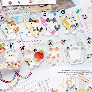 Meow Stationery Masking Tape, Kitty Themed Stationery Washi and PET Tape, Kitten Pencil, Crayon, Decorative Sticker Tape for Journal
