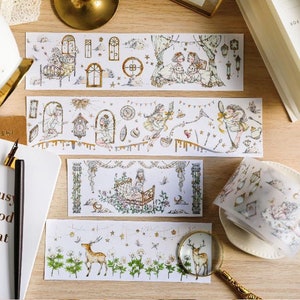 Night of Wonders Masking Tape, Peipei Girls Original Illustration Washi and PET Tape, Moon, Window, Fairy Illustration Tape, PET Clear Tape