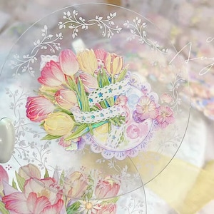 Candy Gem Season of Tulips Masking Tape, Flower and Lace Washi Tape, Watercolor Floral PET Tape, Valentine&#39;s Day Sticker