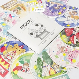Molinta ポストカードセット、かわいい郵便用ポストカード、女の子と動物のイラスト入りグリーティングカード、スノーグローブ、ホリデーカード