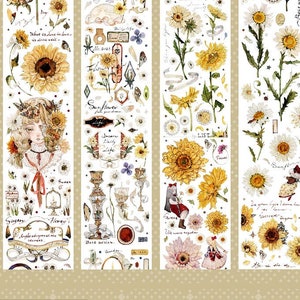Échantillon de ruban adhésif, Échantillon de Washi né au soleil, Ruban décoratif d’illustration de filles de tournesol, Marguerite, Papillon, Autocollant de fée