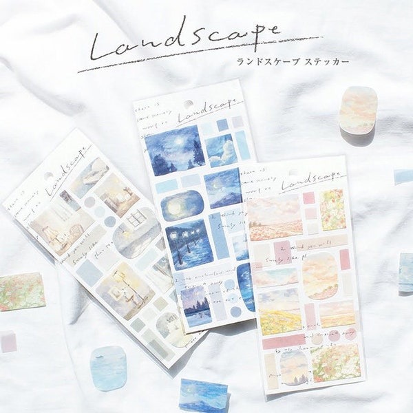 Mind Wave Landscape Series Sticker Sheets, Sunrise, Cloudy Sky, Midnight, Soft Pastel Stickers for Journal, Planner, Japanese Stationery