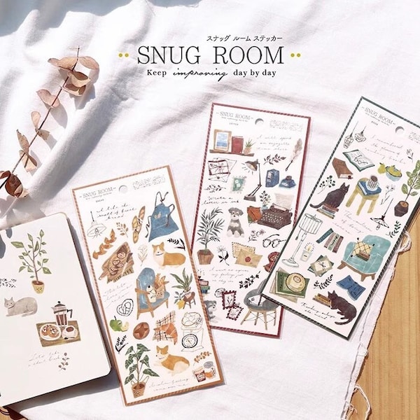 Mind Wave Snug Room Series Sticker Sheet, Cozy Home, Pets, Daily Life Planner Sticker, Japanese Stationery