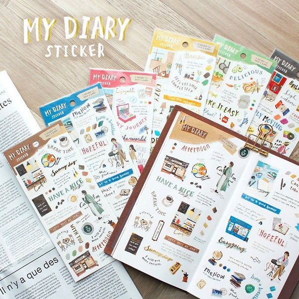 Mind Wave My Diary Series Sticker Sheet, Library, Coffee Date, Movie, Travel, Cooking Girls, Daily Life Planner Sticker, Japanese Stationery