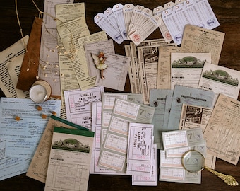 May include: A collection of vintage-style paper ephemera, including tickets, receipts, and tags. The papers are in various shades of brown, cream, and blue, and feature text in English and German. Some of the papers have decorative borders or illustrations.