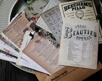 Pode incluir: Uma coleção de efêmeras de papel vintage, incluindo uma página de um diário, uma página com um gráfico do alfabeto, uma página com uma lista de óperas e uma página com um anúncio de pílulas Beecham's. Todos os papéis são antigos e têm um aspecto desgastado.