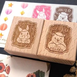 Hase und Bär Stempel, Kumayankee Original Design Bär und Kaninchen Stempel für Journaling, Danke Stempel