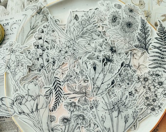 58PCS Flower Etchings Washi Stickers Pack, Translucent Black and White Floral Line Drawing Stickers, Clear Floral Sticker Flake, Botany