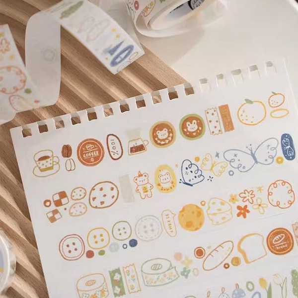 Line Drawings Washi Tape, Orange Studio Illustrated Masking Tape, Cute Doodles, Butterfly, Cafe, Bear, Bunny, Kawaii Journal Sticker